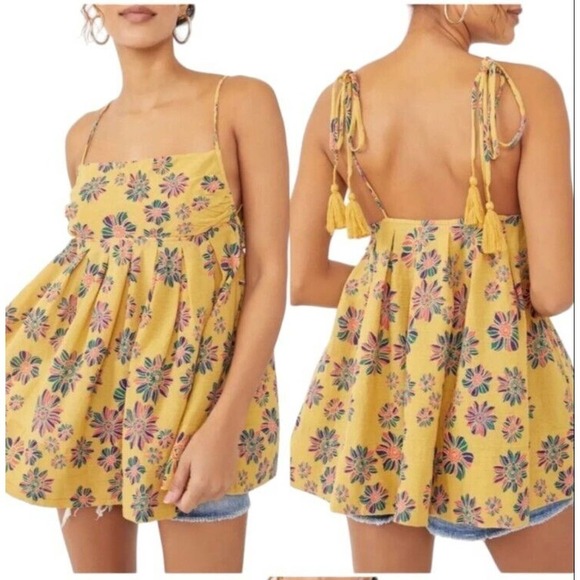 Free People Womens Indigo Molly Tunic Blouse Size XS Gilded Combo Yellow Floral - Picture 1 of 11